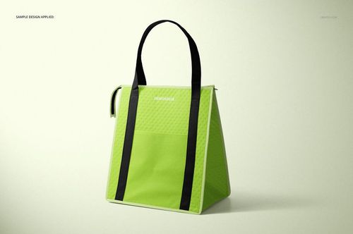 Insulated cooler bag mockup in bright green with black handles, shown in a three-quarter front view on a light background.