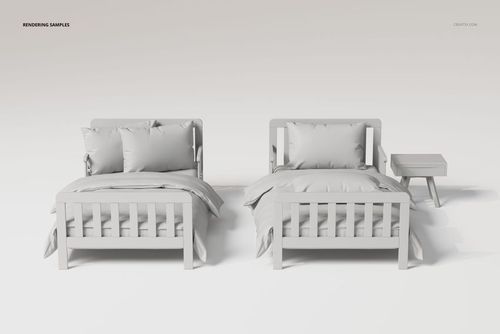 Front view of two kids beds with soft pillows and comforters in a light gray color, next to a small side table.