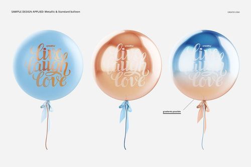 Set of three round party balloons in metallic peach and blue tones, each with a ribbon, shown in a PSD mockup format.