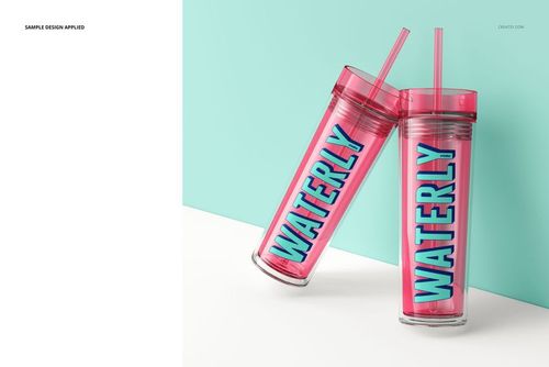 Mockup of double-wall acrylic drinkware with pink tops and straws, showing graphic lettering, positioned on a white surface.