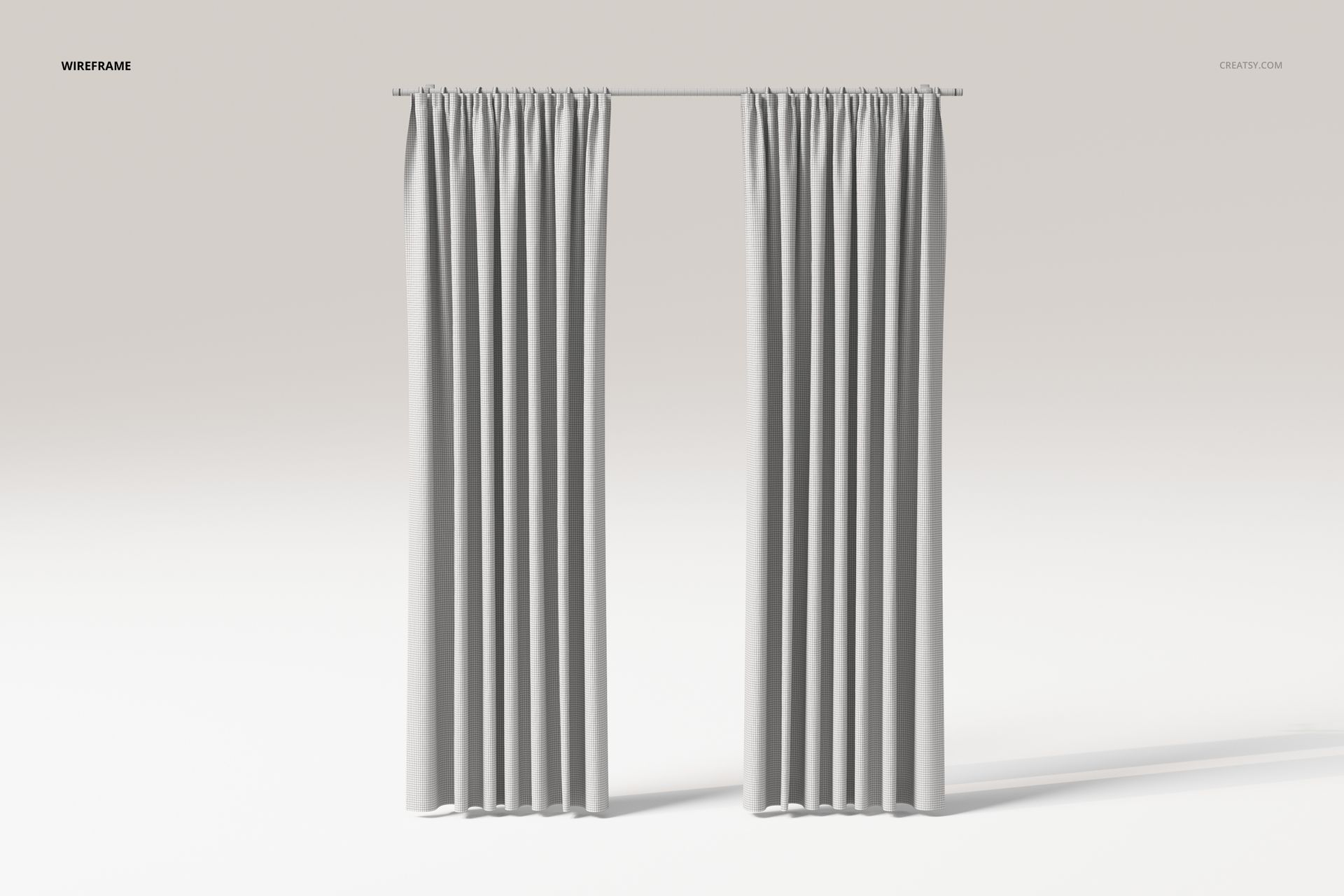 Front view of wave pleat curtains in light gray fabric, hanging from a simple rod against a neutral background.