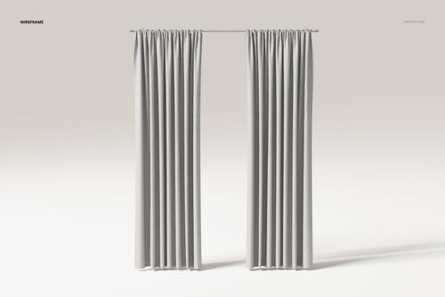 Front view of wave pleat curtains in light gray fabric, hanging from a simple rod against a neutral background.