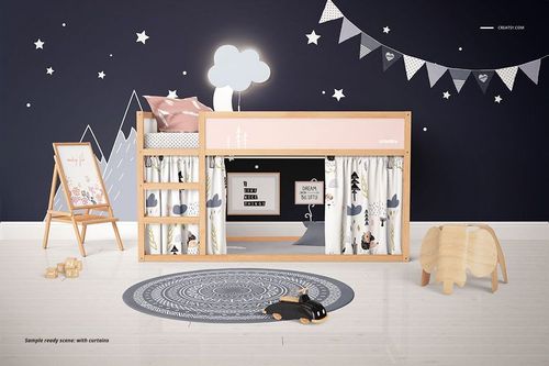 Kids bedroom mockup featuring a wooden bunk bed with pastel accents, decorative curtains, and playful wall art.