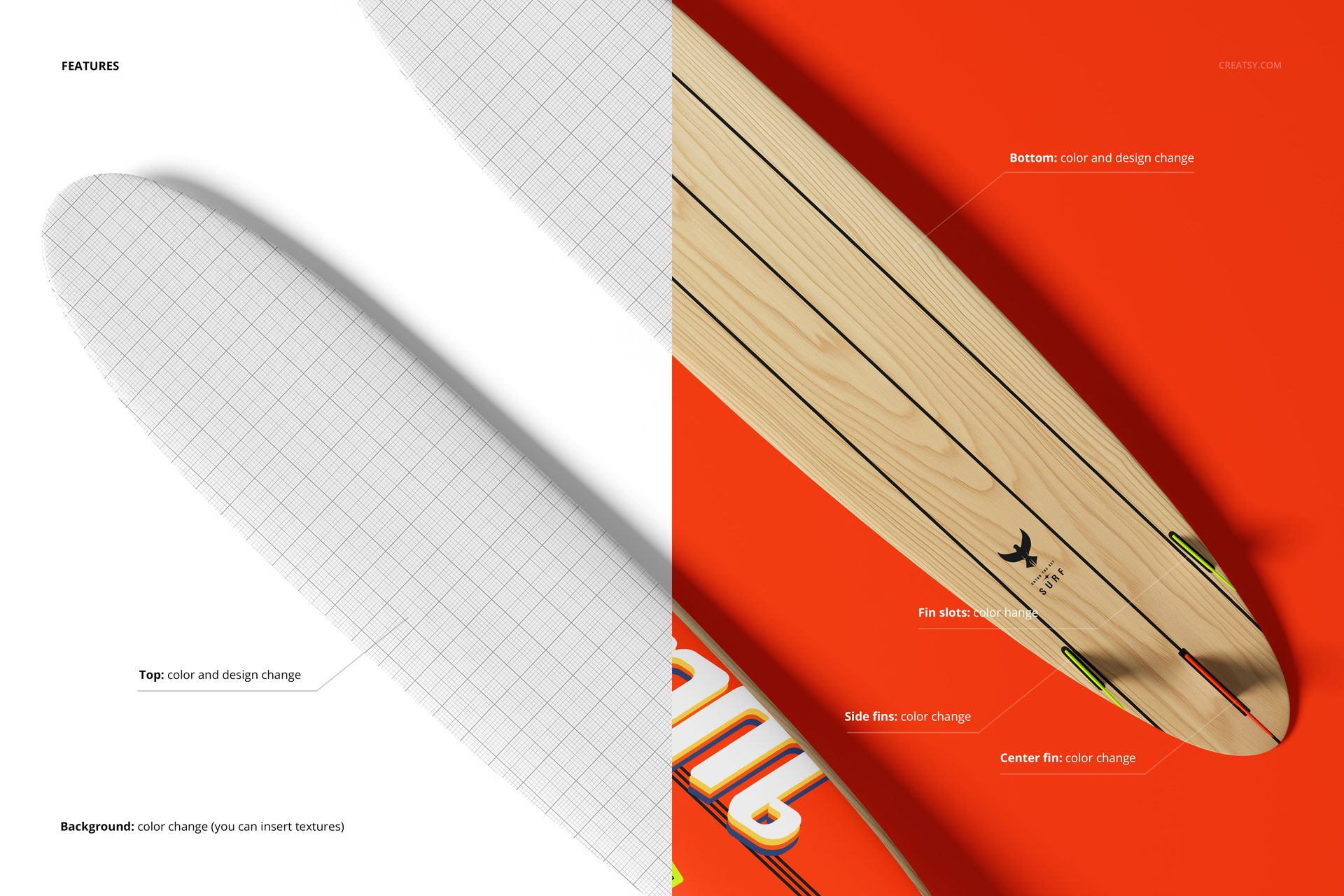 Surfboard longboard mockup showing two boards, one with a grid pattern and one with wood texture on an orange background.