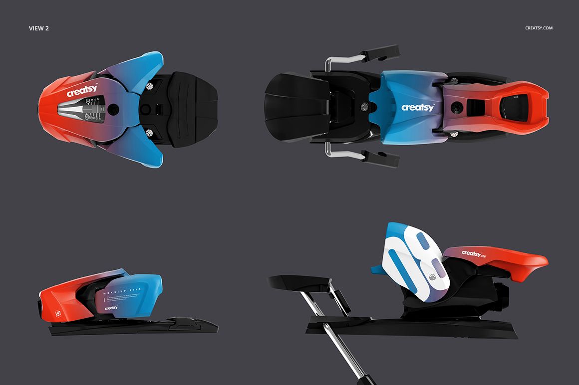 Ski equipment mockup featuring four bindings in vibrant hues, arranged separately and viewed from top and side perspectives.