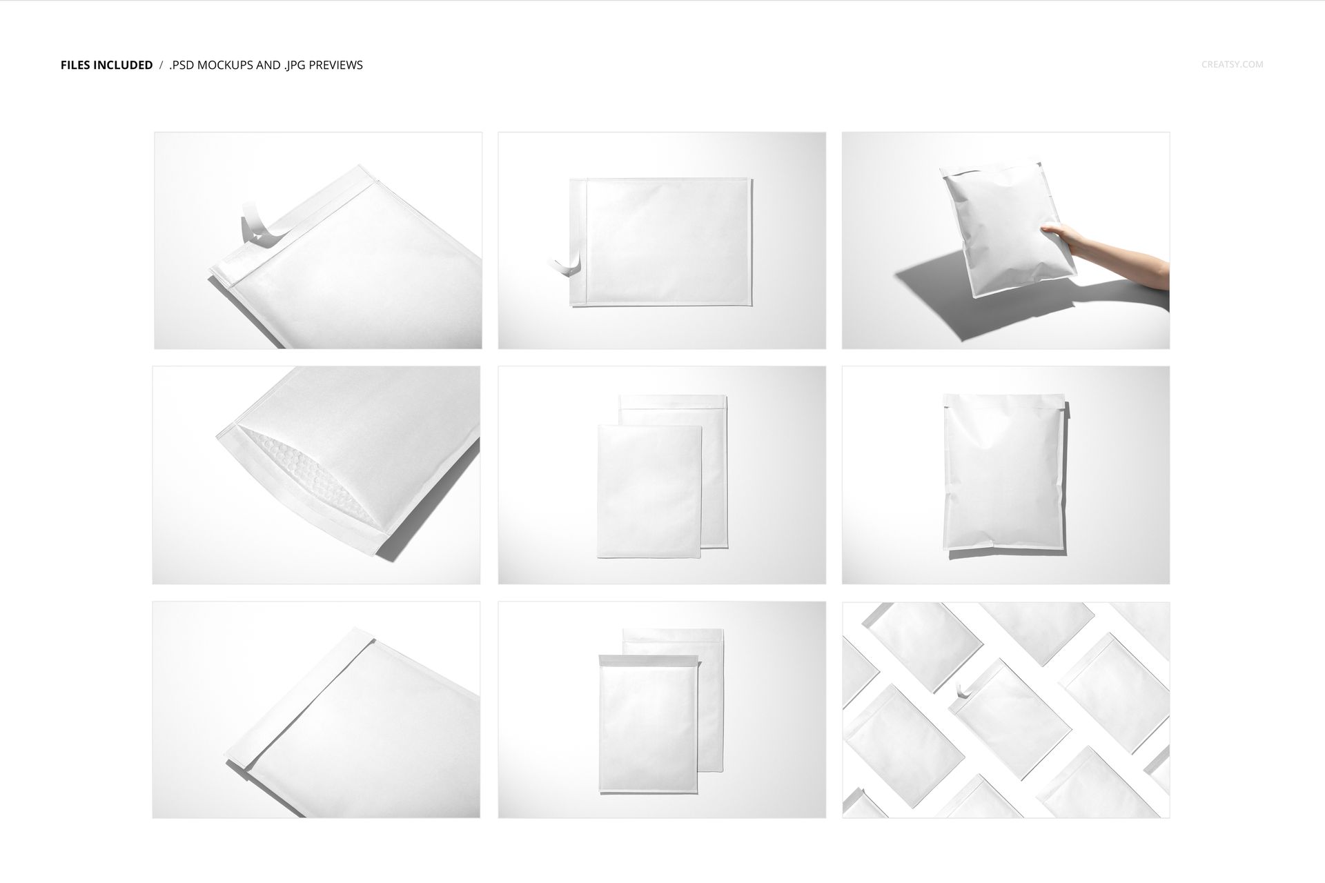 Set of kraft bubble mailer mockups displayed in different perspectives, including front, top, and side views.