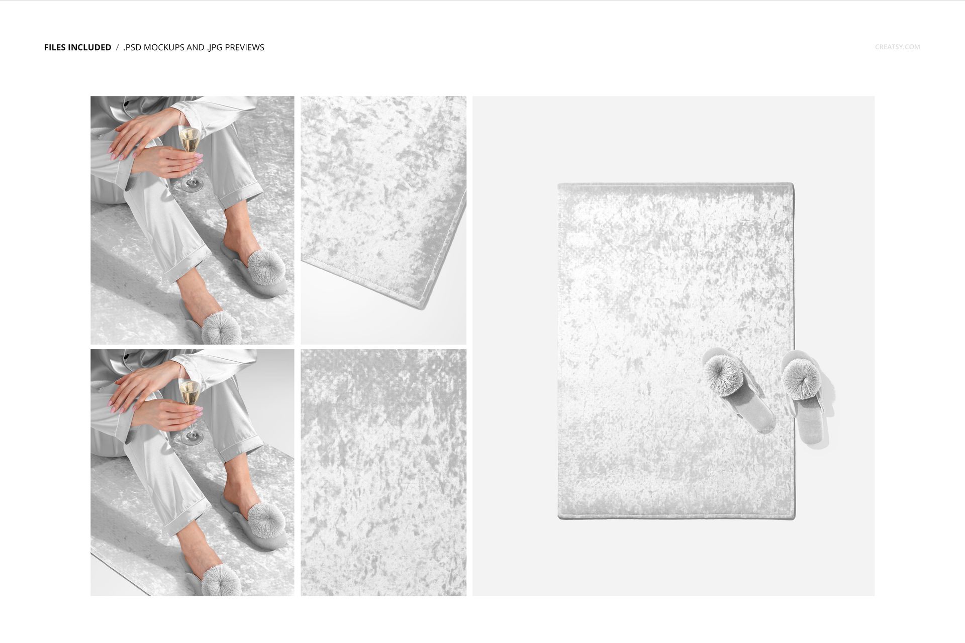 Rectangular marbled velvet rug mockup in light gray tones, shown from top view with slippers and seated person.