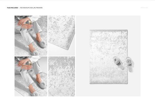 Rectangular marbled velvet rug mockup in light gray tones, shown from top view with slippers and seated person.