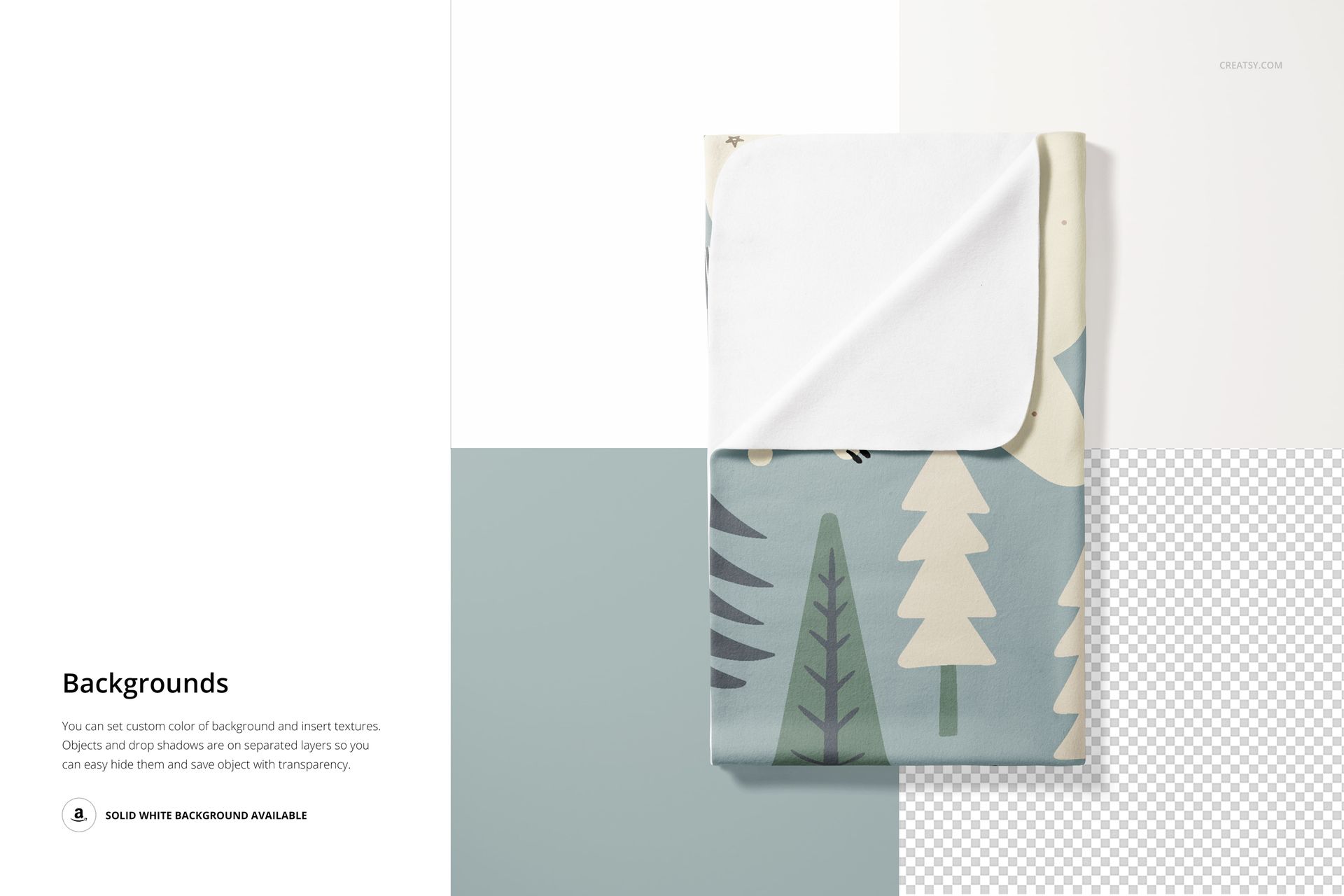 Folded fleece blanket with rounded corners featuring a forest pattern, displayed on a split background with editable areas.