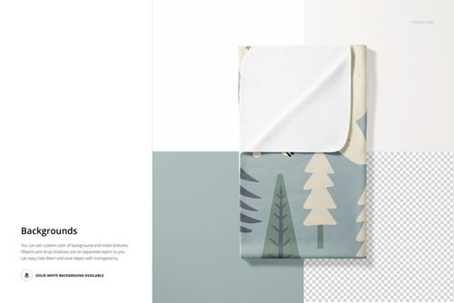 Folded fleece blanket with rounded corners featuring a forest pattern, displayed on a split background with editable areas.