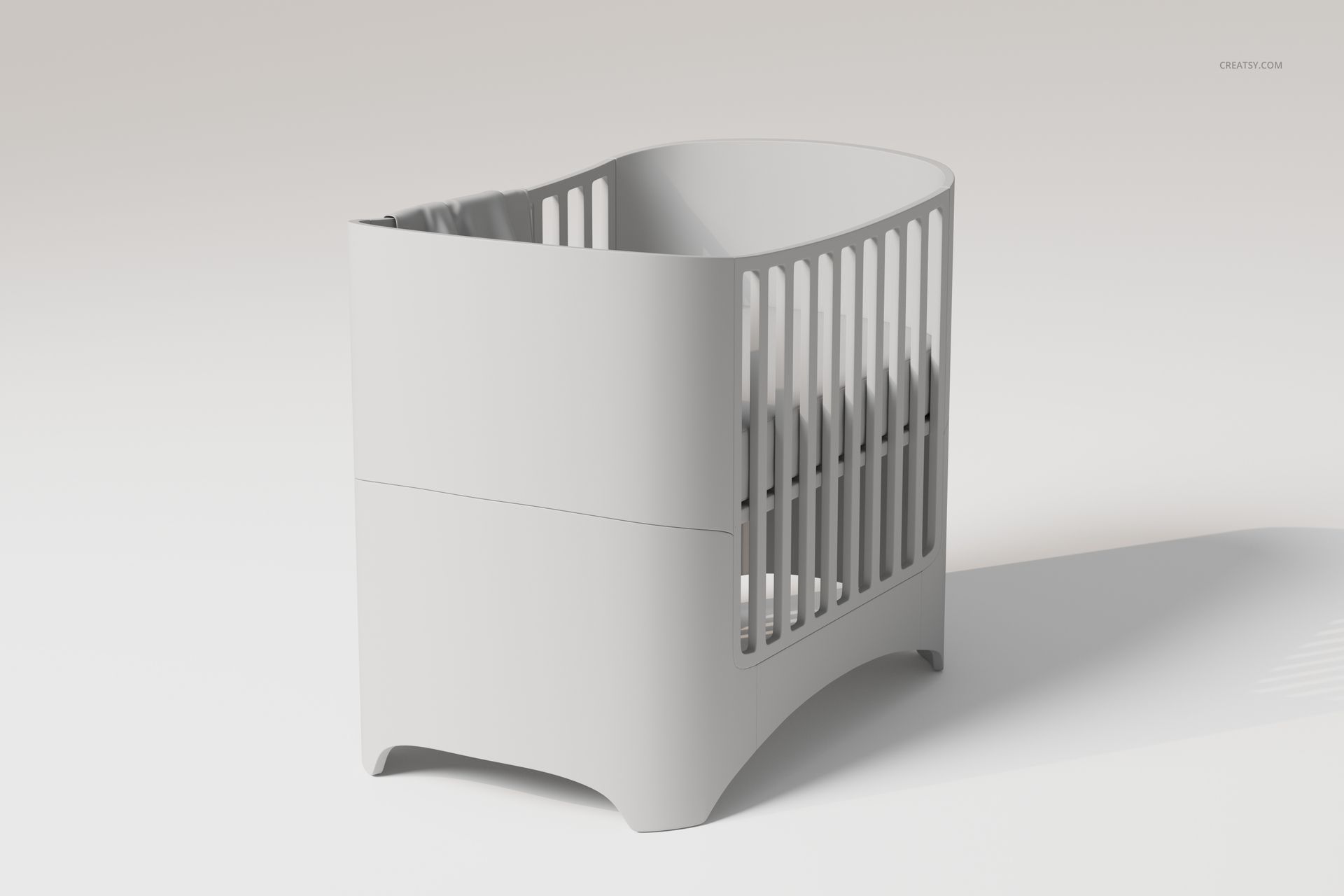 Modern white crib with rounded corners and vertical slats, shown from a front angle on a plain background.