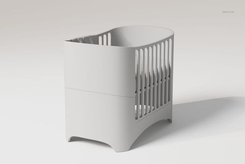 Modern white crib with rounded corners and vertical slats, shown from a front angle on a plain background.