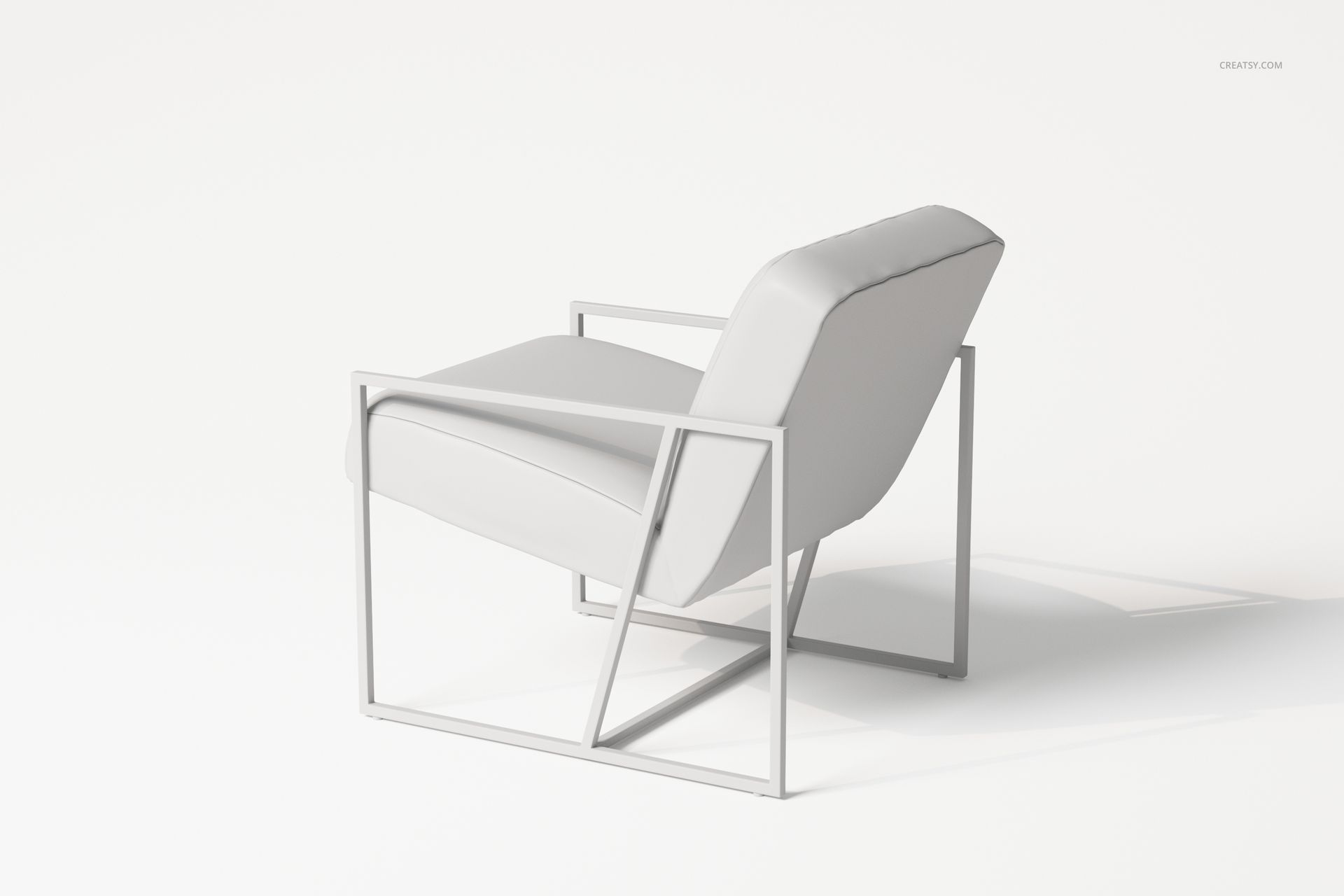 Modern armchair with angular metal frame and light gray upholstery, shown from a rear side perspective on white background.