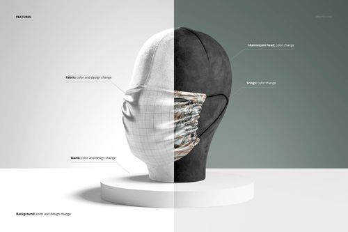 Silk face mask PSD mockup on a round base, with left side featuring grid pattern and right side showing abstract print.