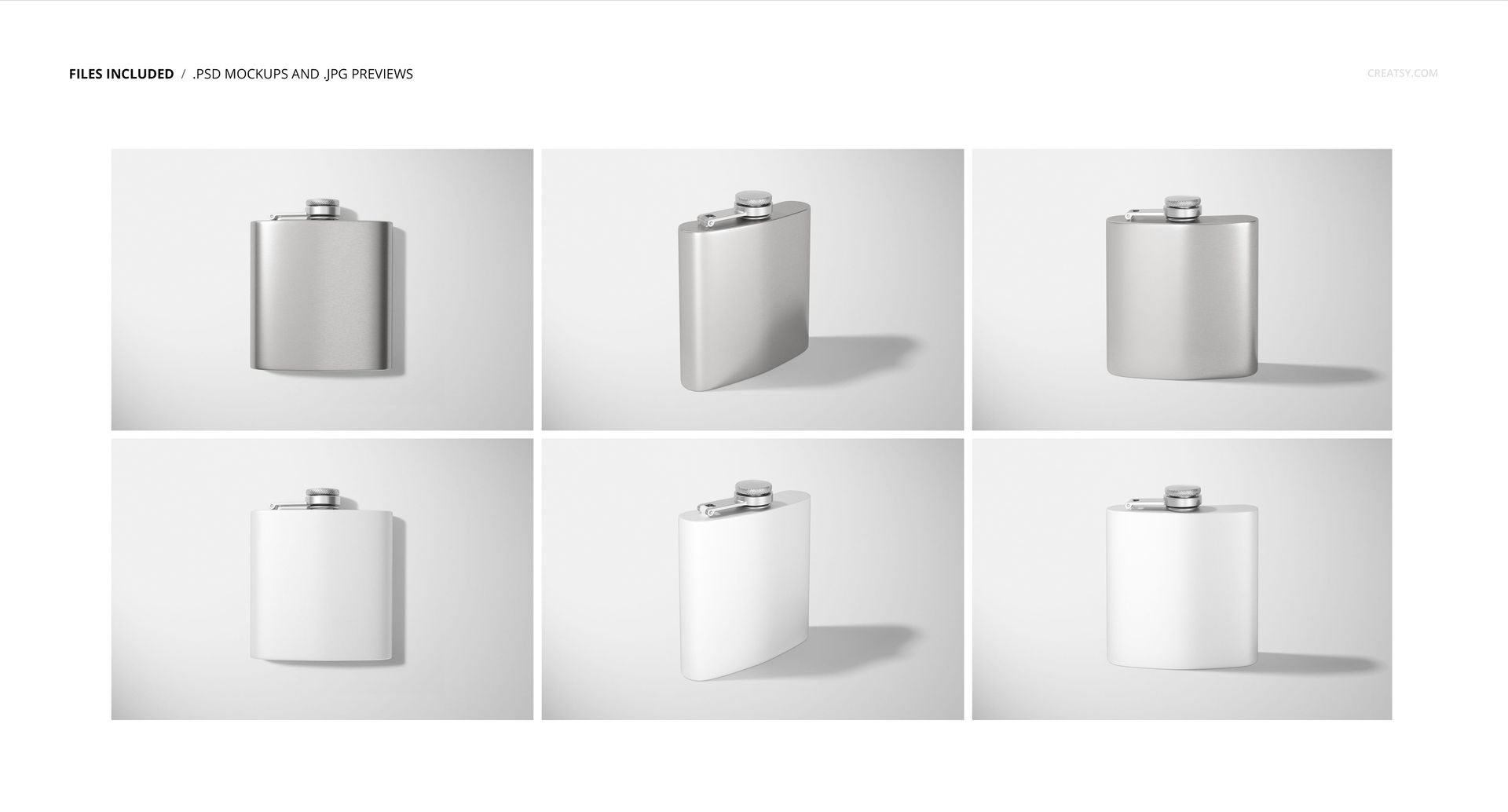 Set of six flask mockups featuring stainless steel and powder-coated surfaces, arranged in two rows with different perspectives.