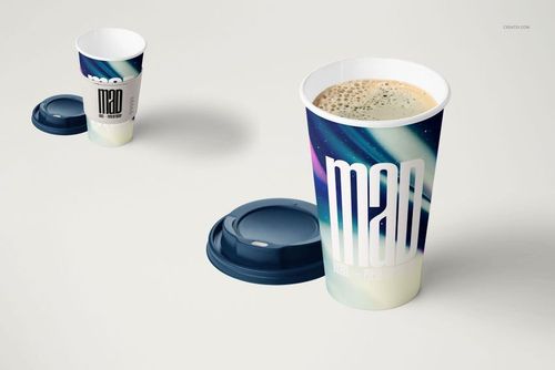 Paper coffee cup mockup featuring a vibrant sleeve design, blue lids, and a close-up of coffee inside on a neutral background.