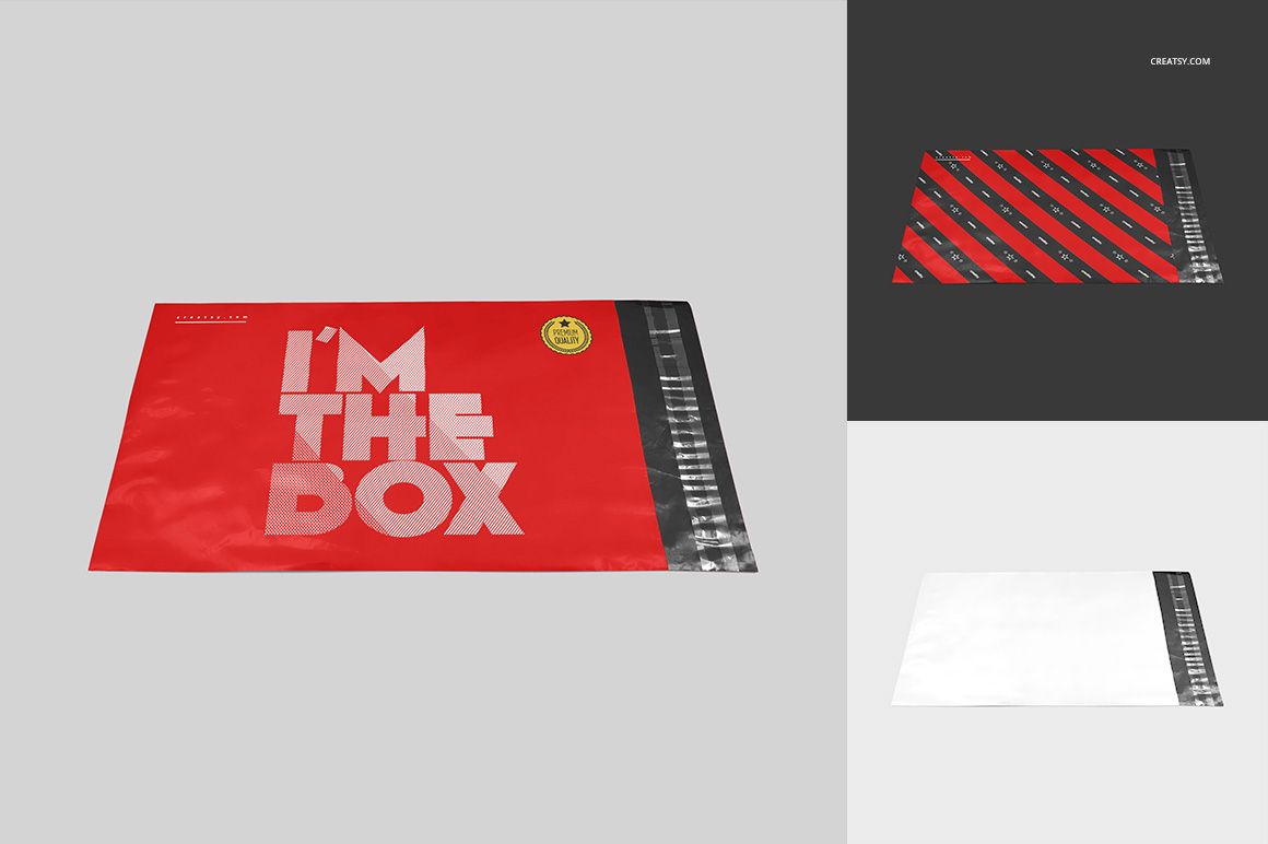 Mailing bag mockup featuring a rectangular red bag with bold white text, shown from a front angled perspective on a gray background.