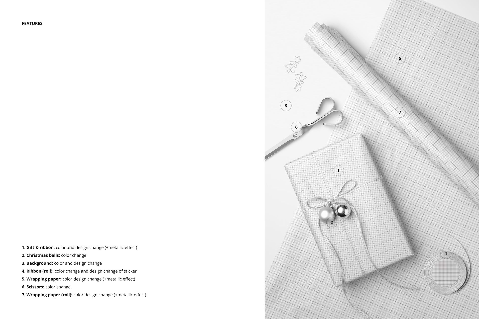 PSD mockup featuring a wrapped present, rolled wrapping paper, ribbon, scissors, and Christmas tree paper clips in a festive scene.