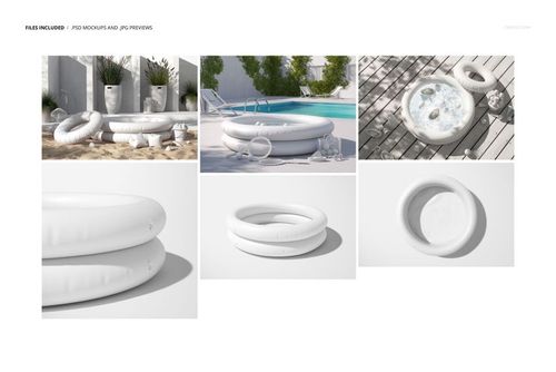 Inflatable children's pool mockup shown in various outdoor settings, featuring a round white design and top views.