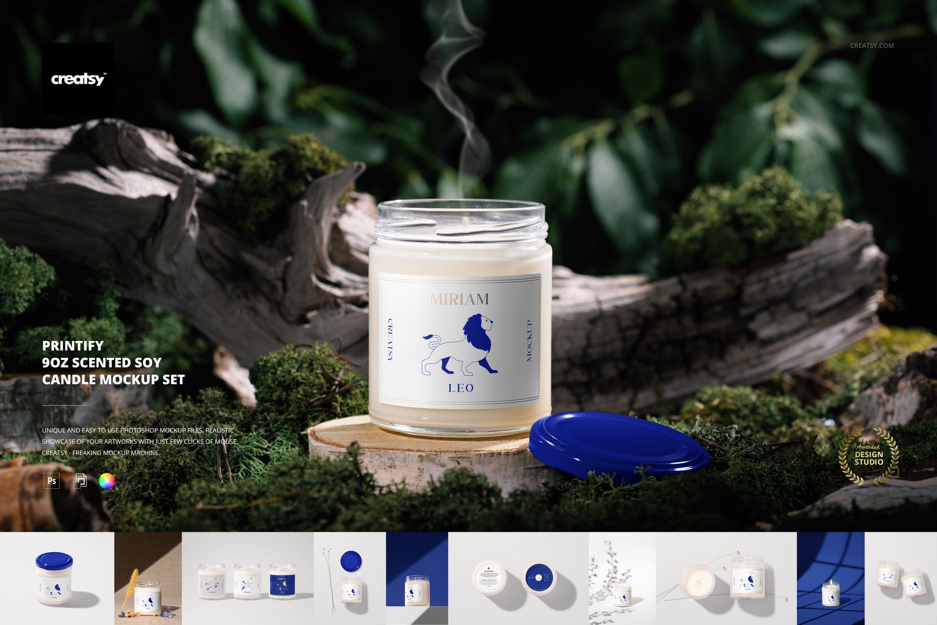 Front view of a 9oz soy candle mockup in a glass jar, blue lid beside it, surrounded by moss and branches.