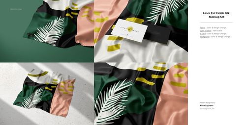 Silk fabric mockup with abstract pattern in black, white, green, and pink, shown from a top view with business cards.