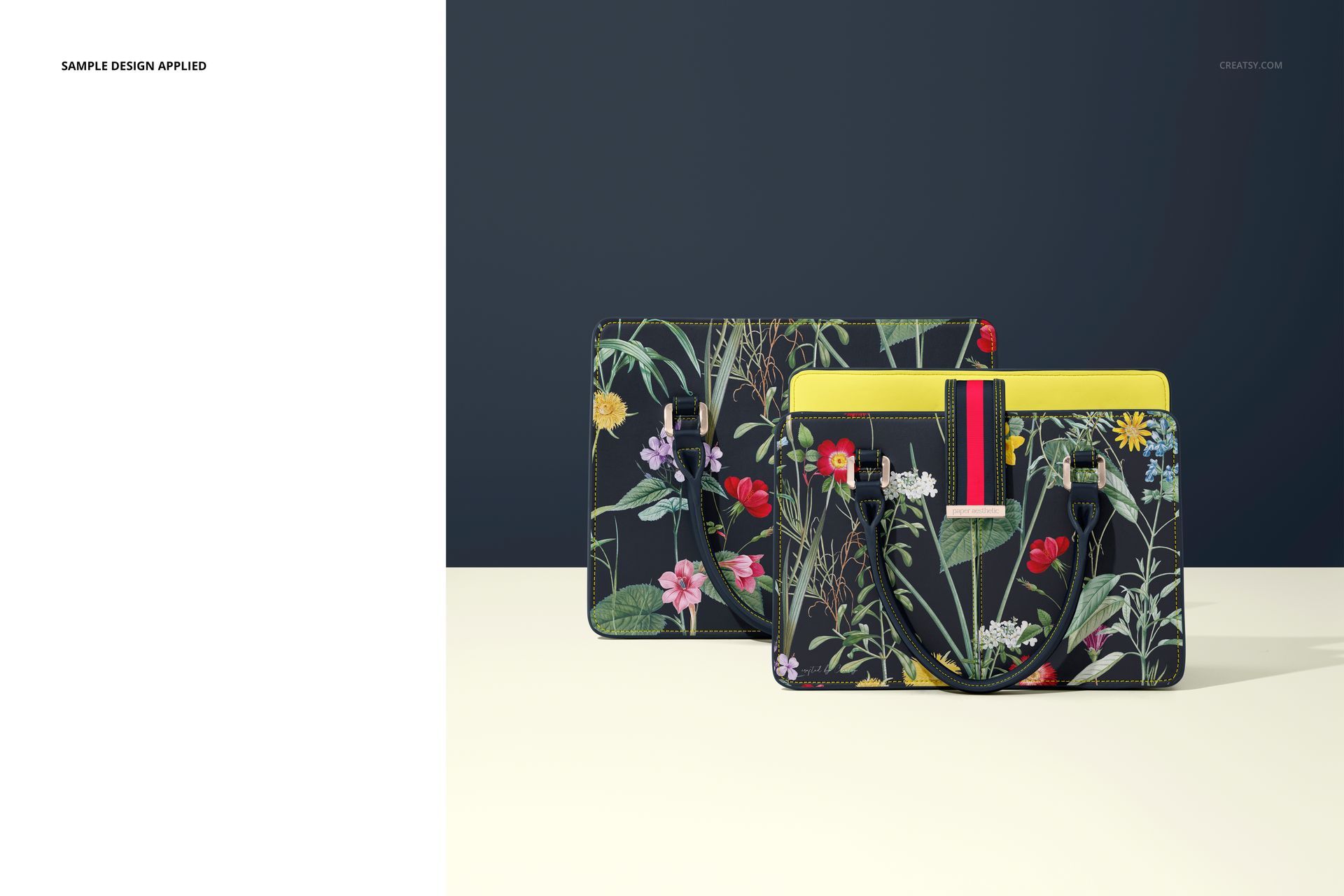 PSD mockup showing two leather handbags decorated with botanical prints, displayed side by side in a studio setting.