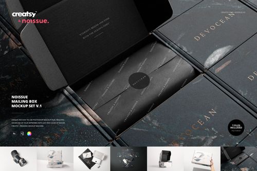 PSD mockup featuring multiple dark mailing boxes, open lid exposing interior pattern and text, surrounded by similar boxes.