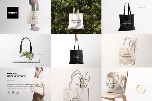 PSD mockup set featuring tote bags with assorted text designs, photographed in studio and lifestyle arrangements.