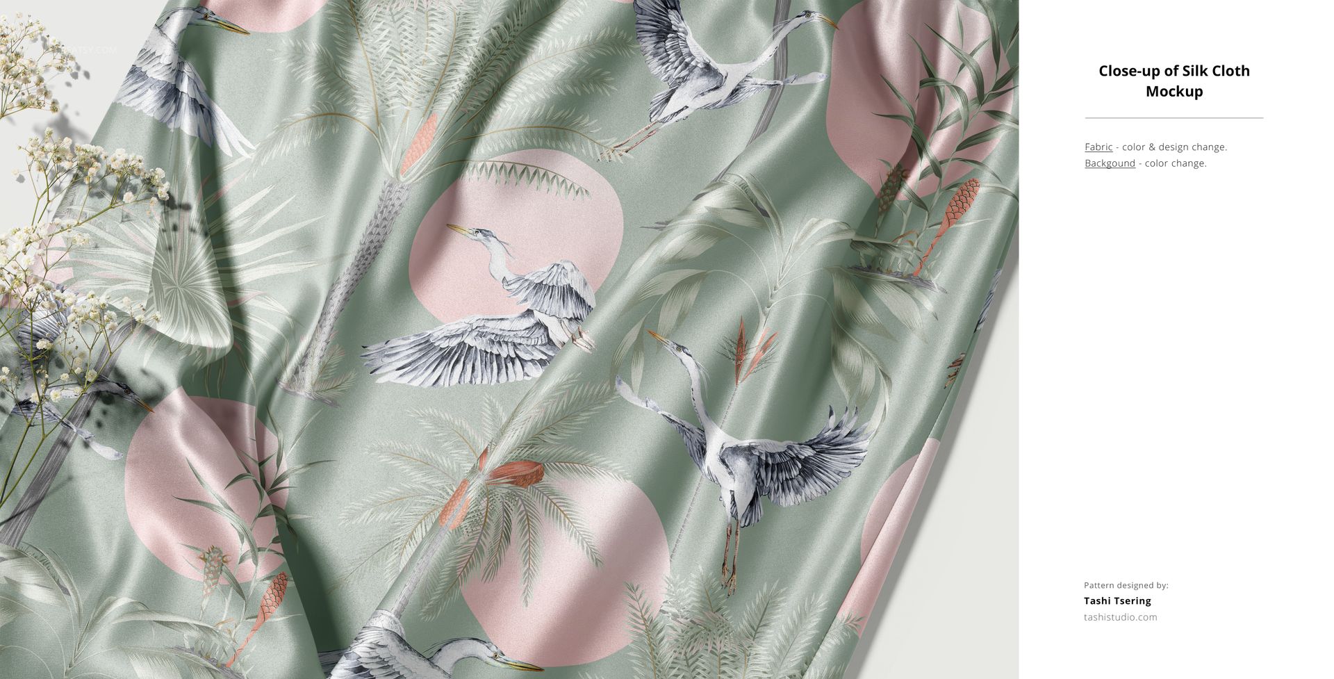 Detailed silk cloth mockup showing elegant cranes and palm trees with pastel green background and pink circular accents.