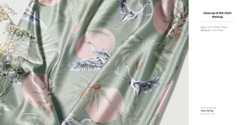Detailed silk cloth mockup showing elegant cranes and palm trees with pastel green background and pink circular accents.