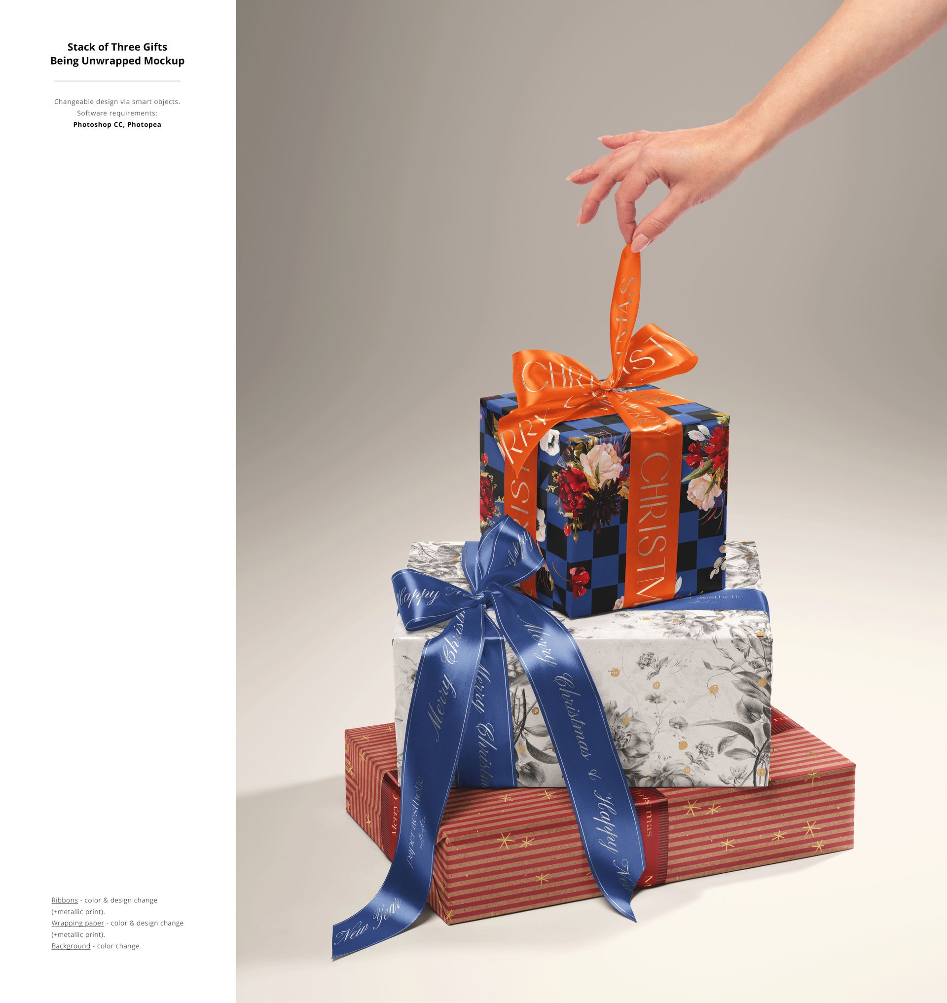 Hand untying ribbon on top gift box in a stack of Christmas presents, shown in a PSD mockup scene.
