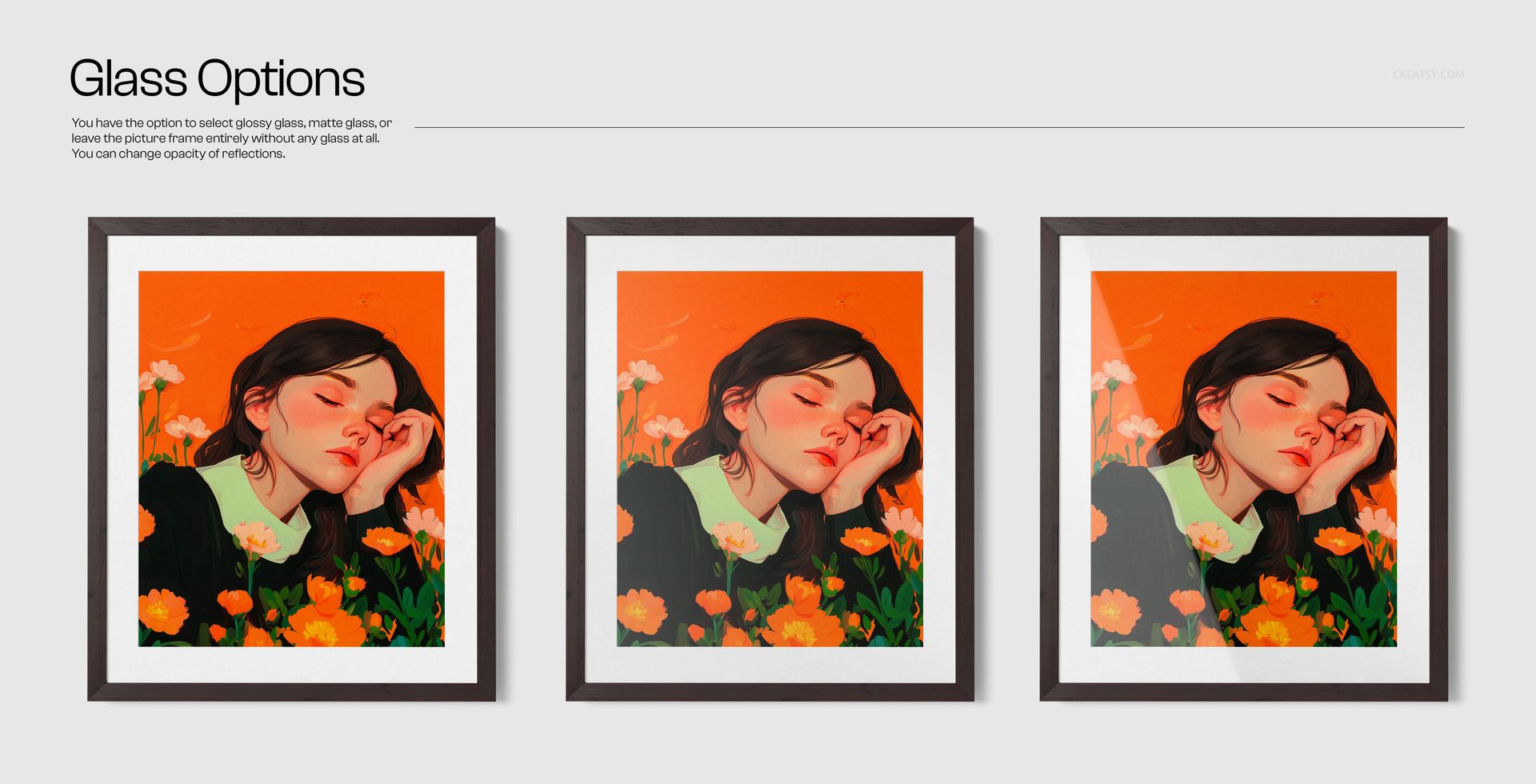Set of three framed prints with dark wood borders, featuring orange and green floral art, arranged in a row for mockup comparison.