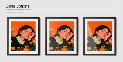 Set of three framed prints with dark wood borders, featuring orange and green floral art, arranged in a row for mockup comparison.