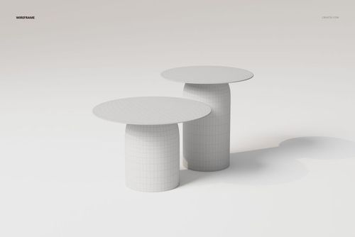Two round Nordic style disc coffee tables in a white wireframe design, shown from a front angle on a plain background.