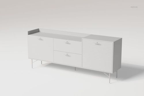 Modern textured cabinet with clean white finish, front view showing drawers and doors on metal legs against a neutral background.
