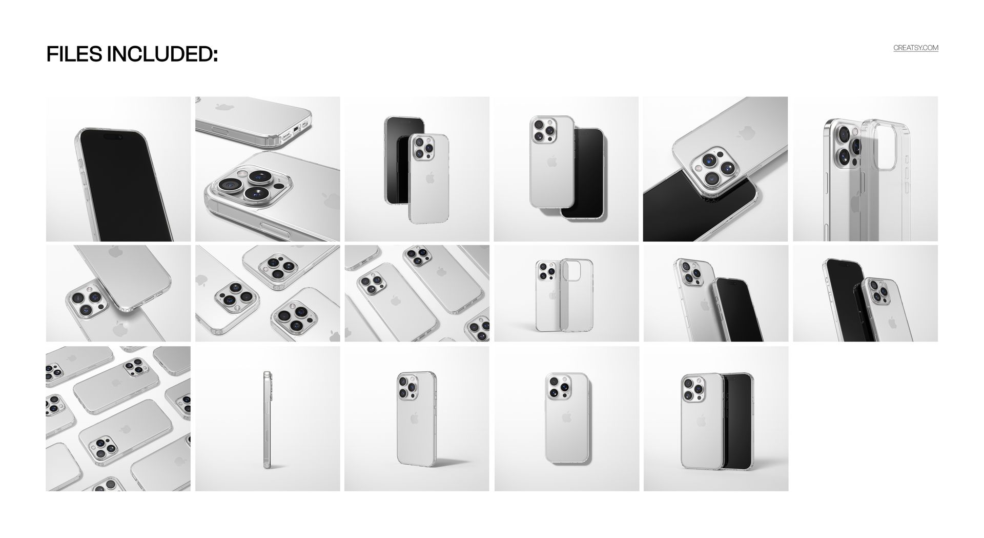 Multiple iPhone 16 Pro Max clear cases displayed in a PSD mockup set, featuring different perspectives and layouts.