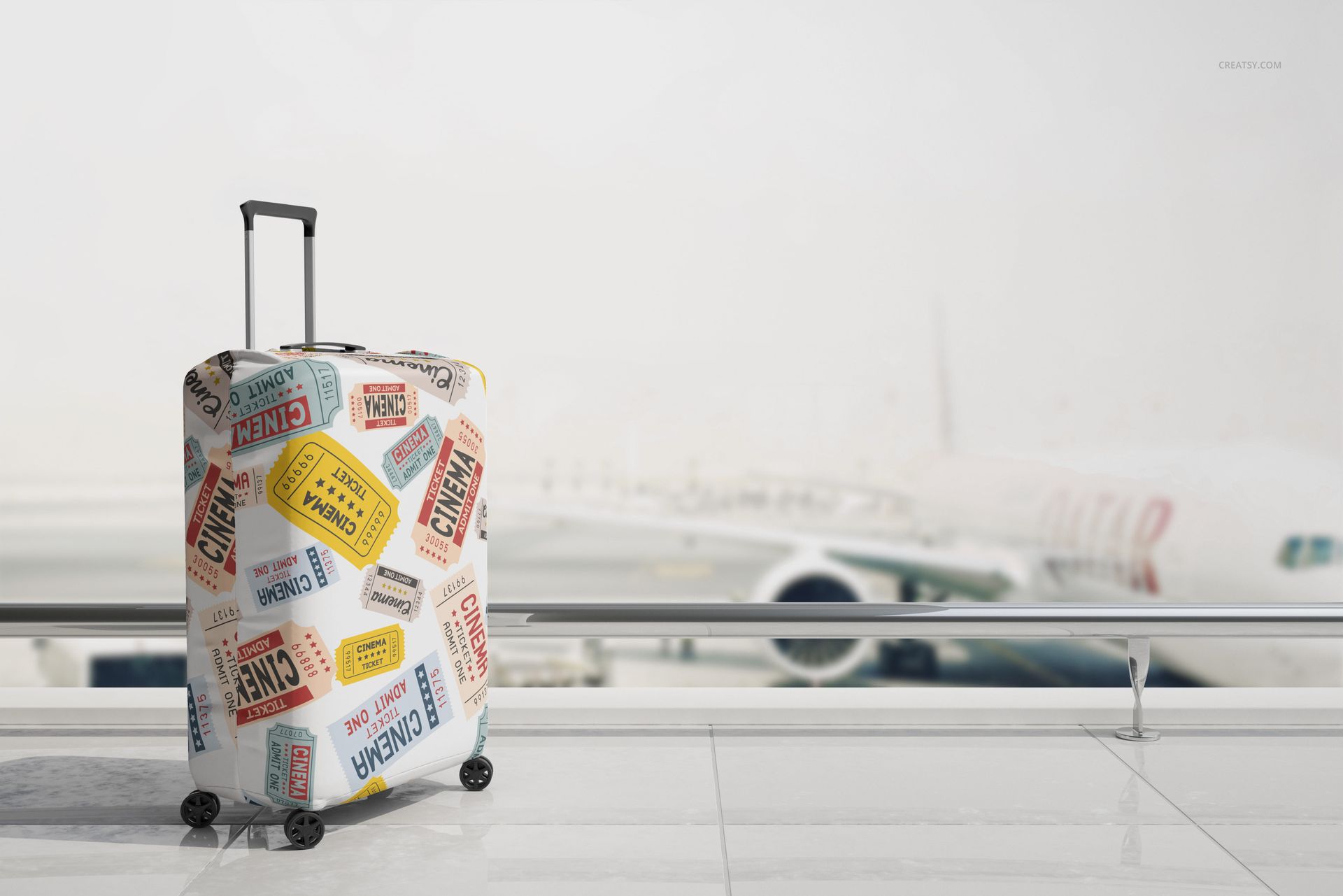 Mockup of a suitcase luggage cover with vibrant ticket motifs, shown in front of large windows overlooking an airplane.