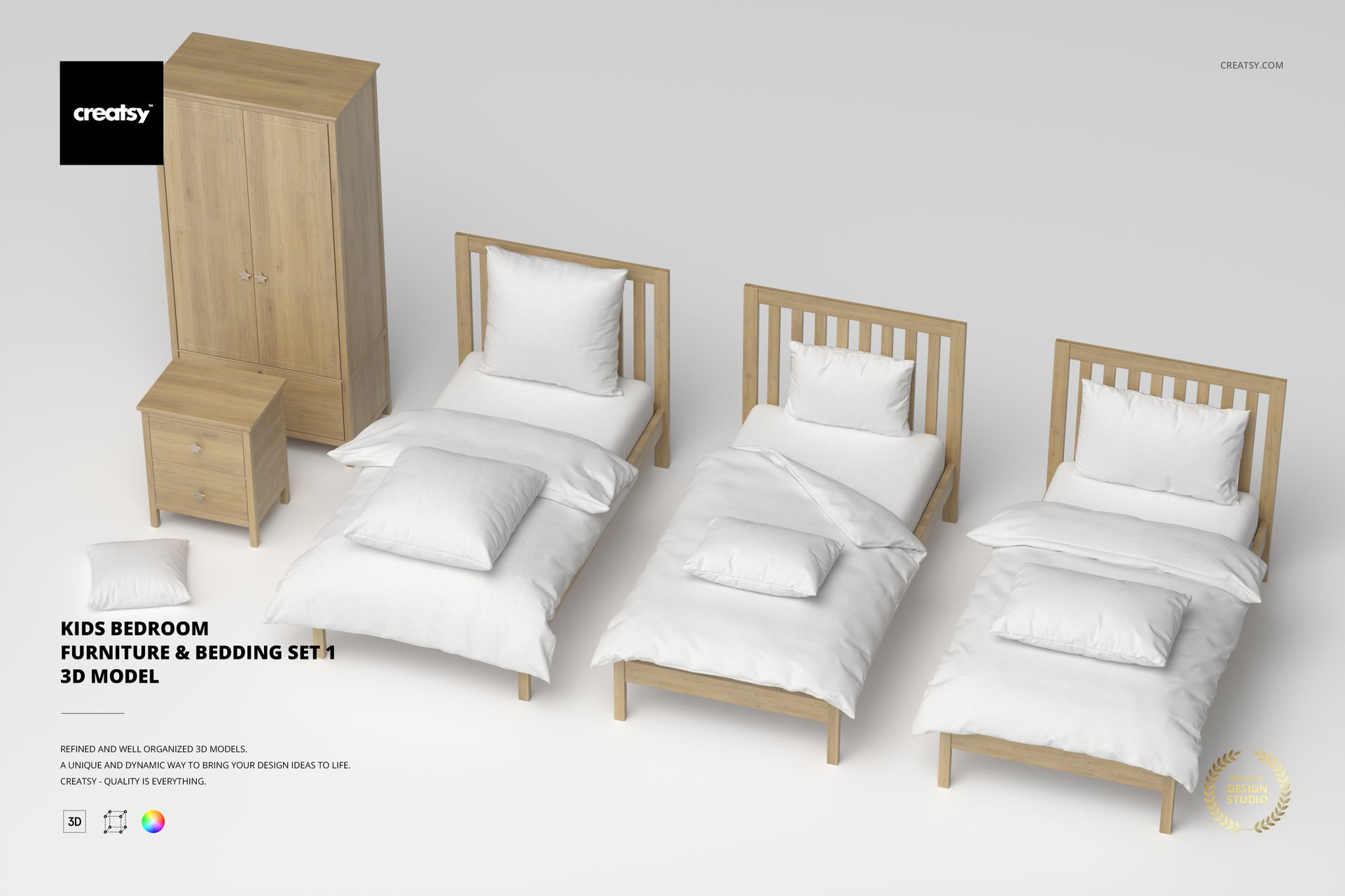 Kids bedroom furniture set with three wooden beds, white bedding, a matching wardrobe, and a nightstand on a light background.