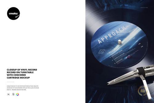 Mockup image of a vinyl record and Concorde cartridge on a turntable, highlighting the label artwork and metallic tonearm.