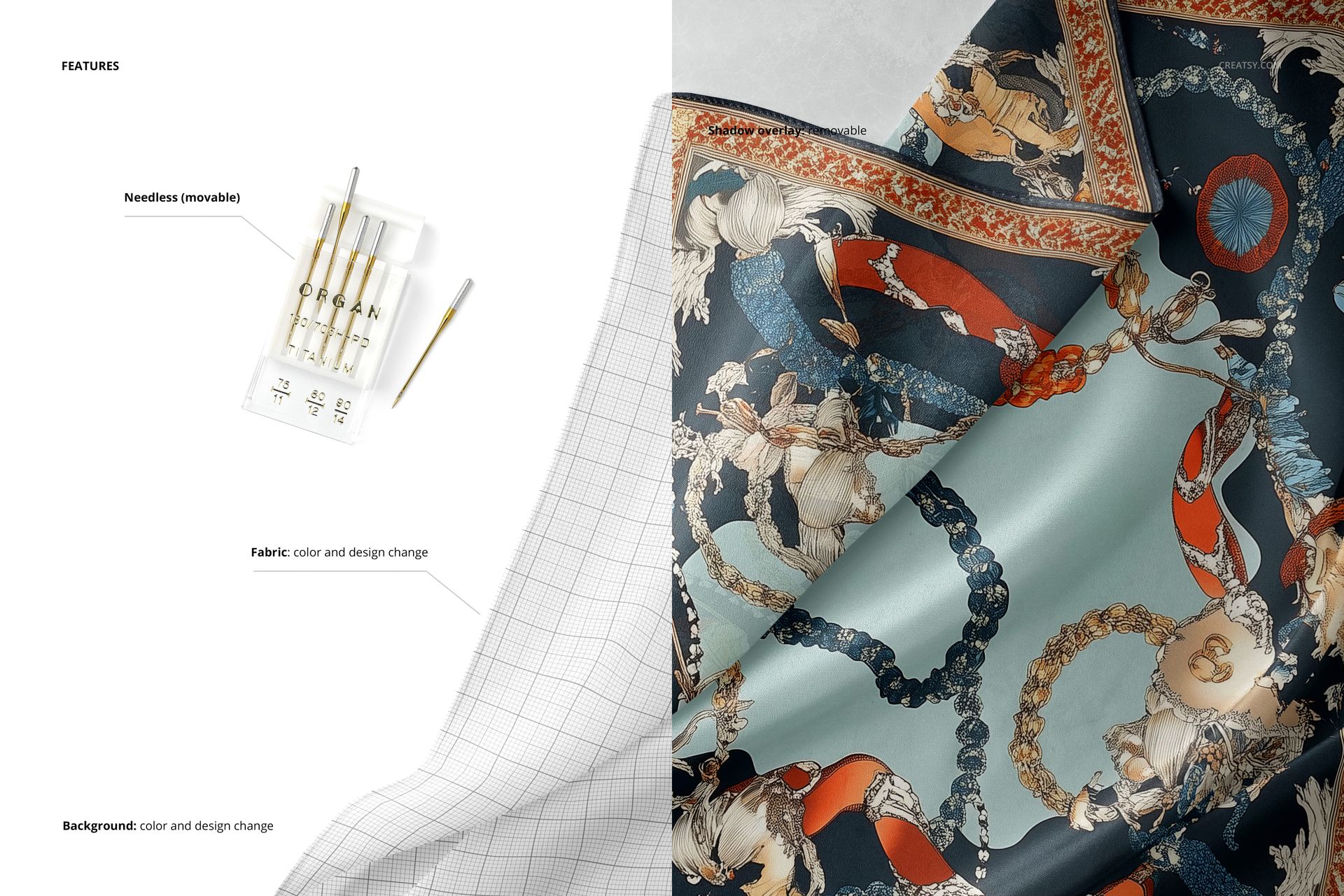 Close-up view of a silk scarf mockup with intricate chain and jewelry patterns in blue, red, and gold tones.