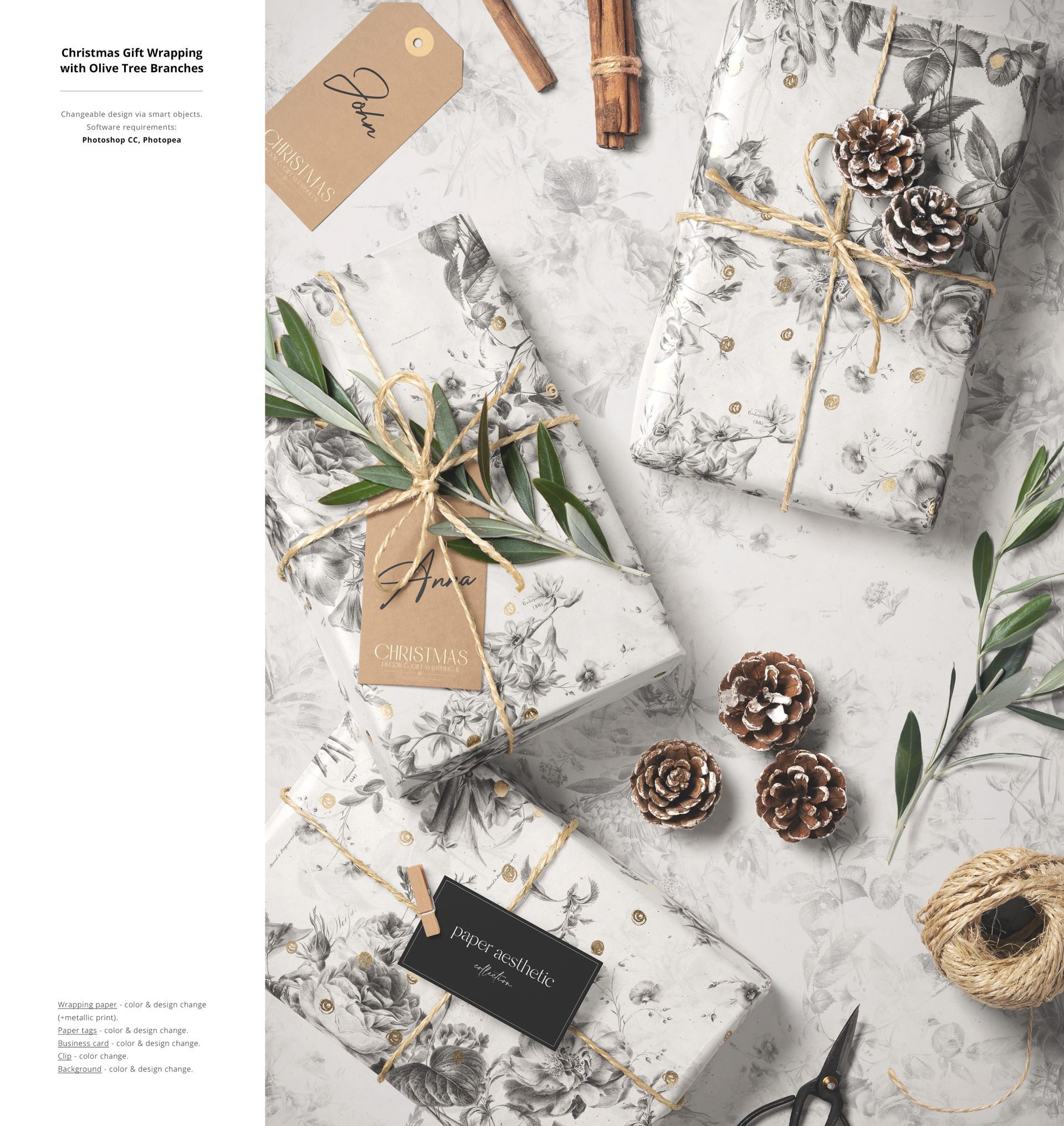 Christmas gift wrapping mockup featuring three rectangular boxes with botanical patterned paper, pinecones, and olive branches.