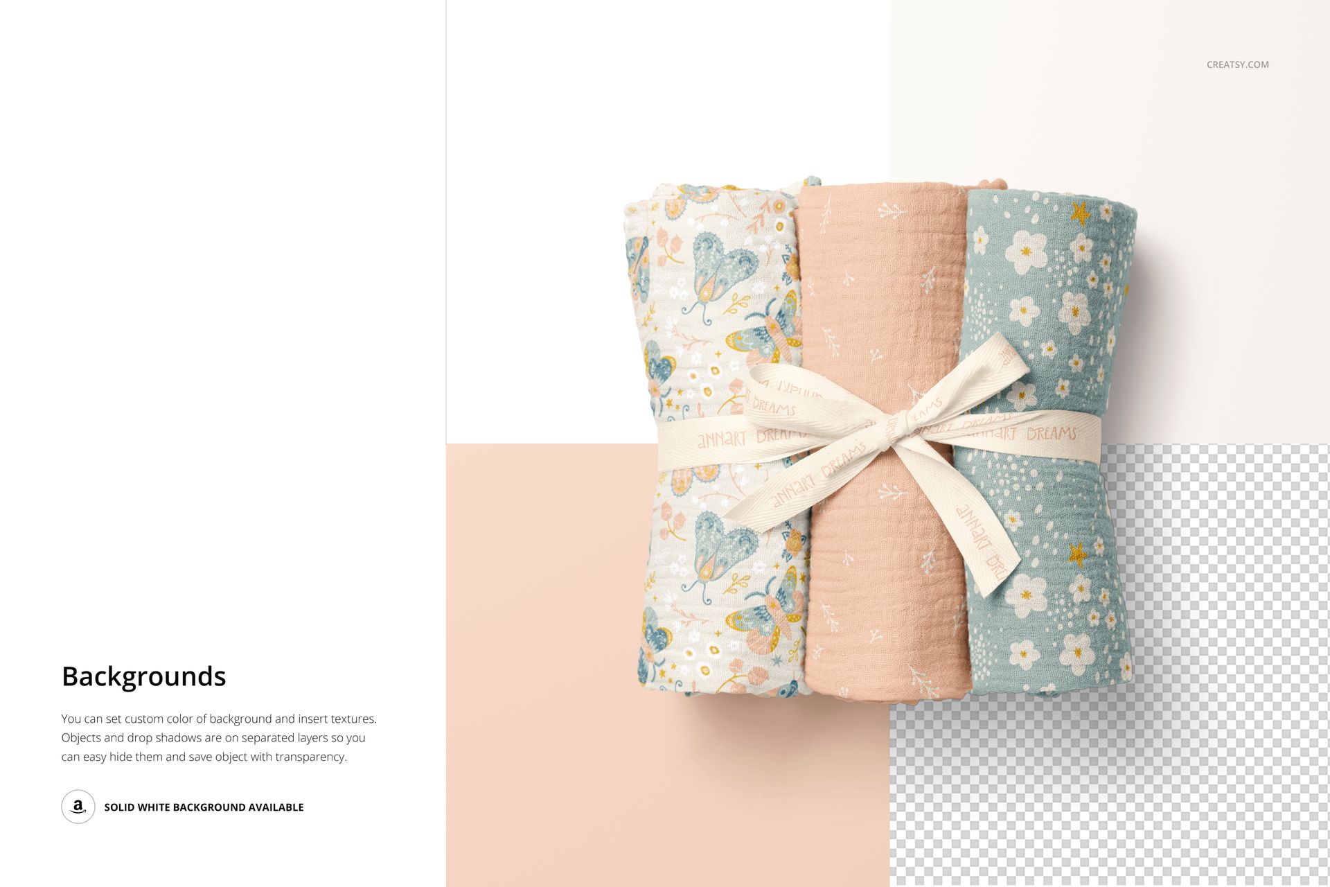 PSD mockup showing three crinkle muslin swaddle blankets in pastel colors, tied together with a cream ribbon.