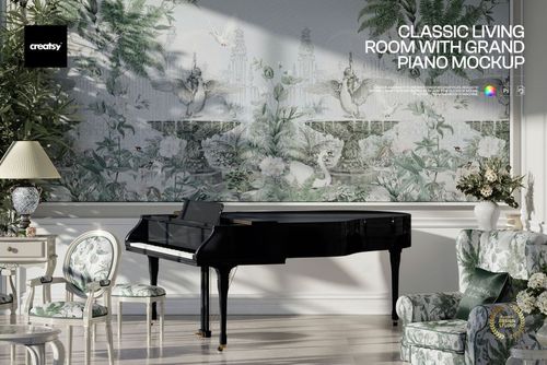 Front view of a spacious living area with a black grand piano, vintage furniture, and detailed botanical wall art in a PSD mockup.