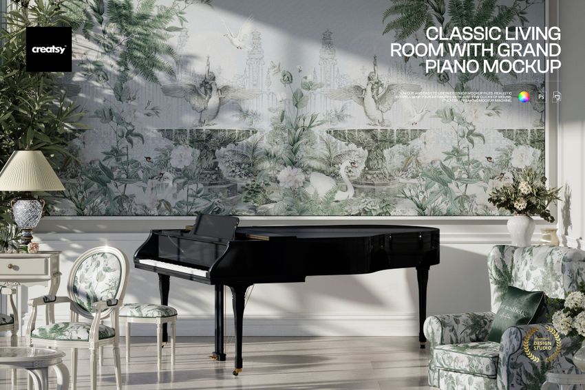 Front view of a spacious living area with a black grand piano, vintage furniture, and detailed botanical wall art in a PSD mockup.