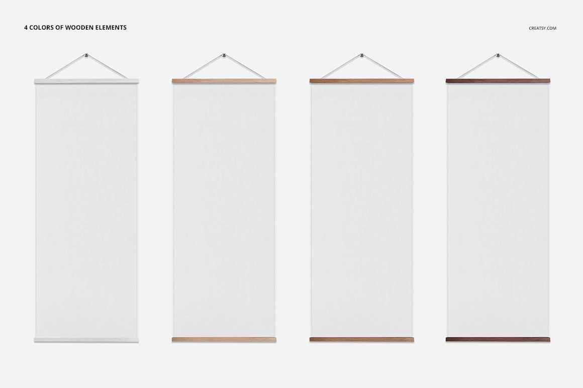 Door banner PSD mockup showing four blank banners, each with varying wood finishes, displayed on a light background.