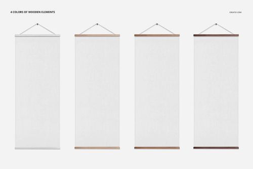 Door banner PSD mockup showing four blank banners, each with varying wood finishes, displayed on a light background.