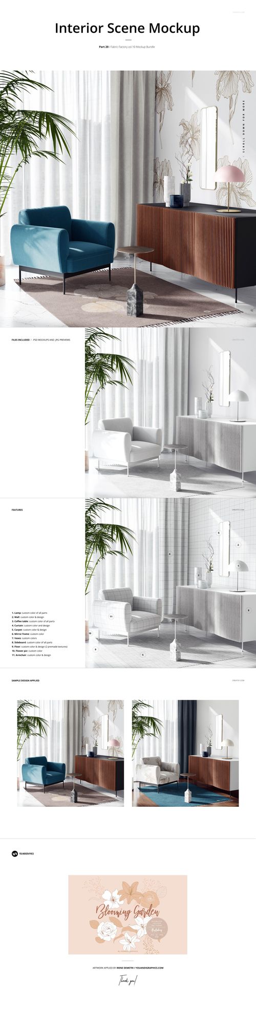 Modern interior scene mockup featuring a teal armchair, wooden sideboard, and neutral decor in a bright room.