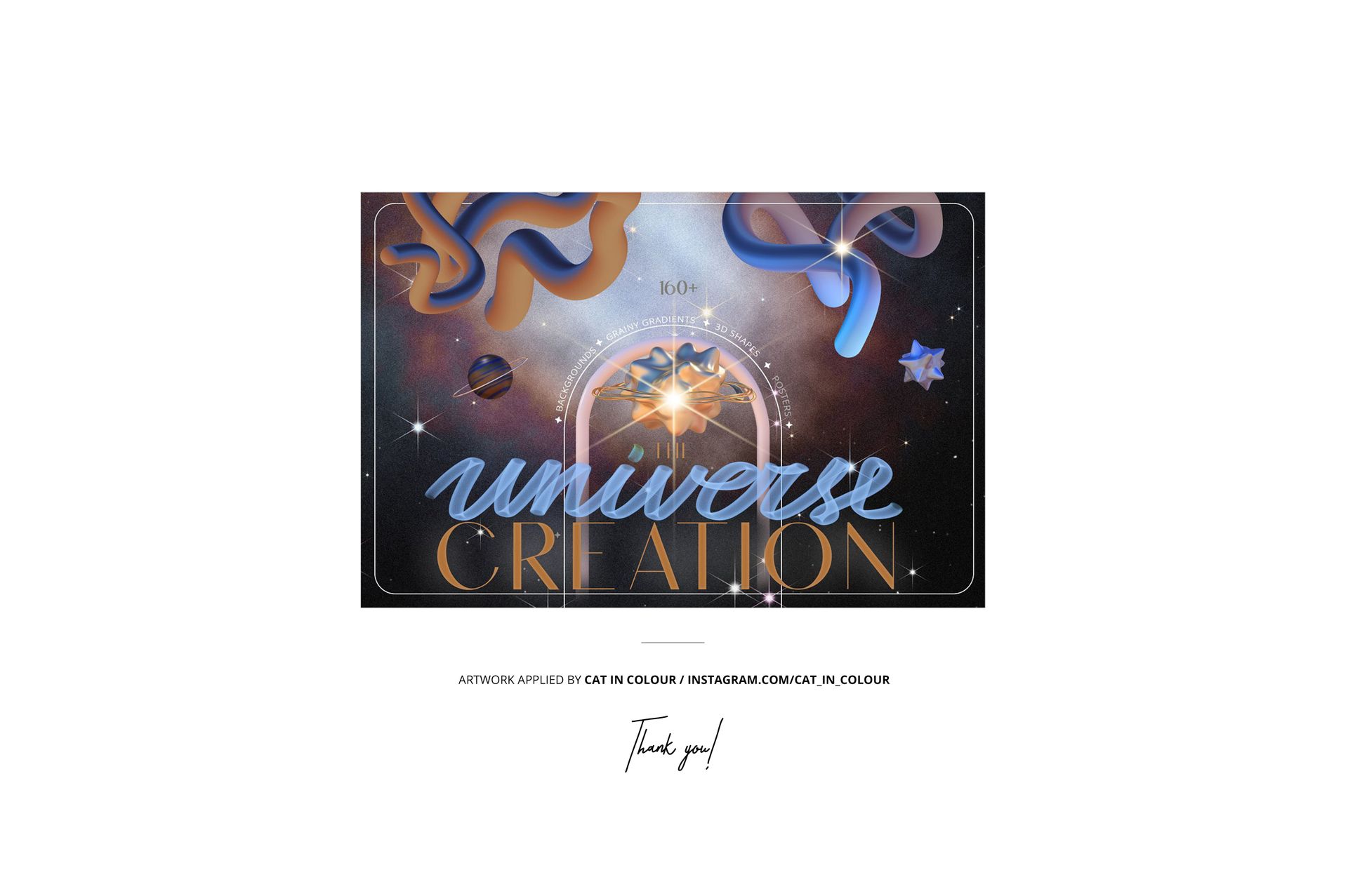 Front view of a black vinyl record mockup with cosmic-themed artwork featuring planets, ribbons, and the text 'universe creation'.
