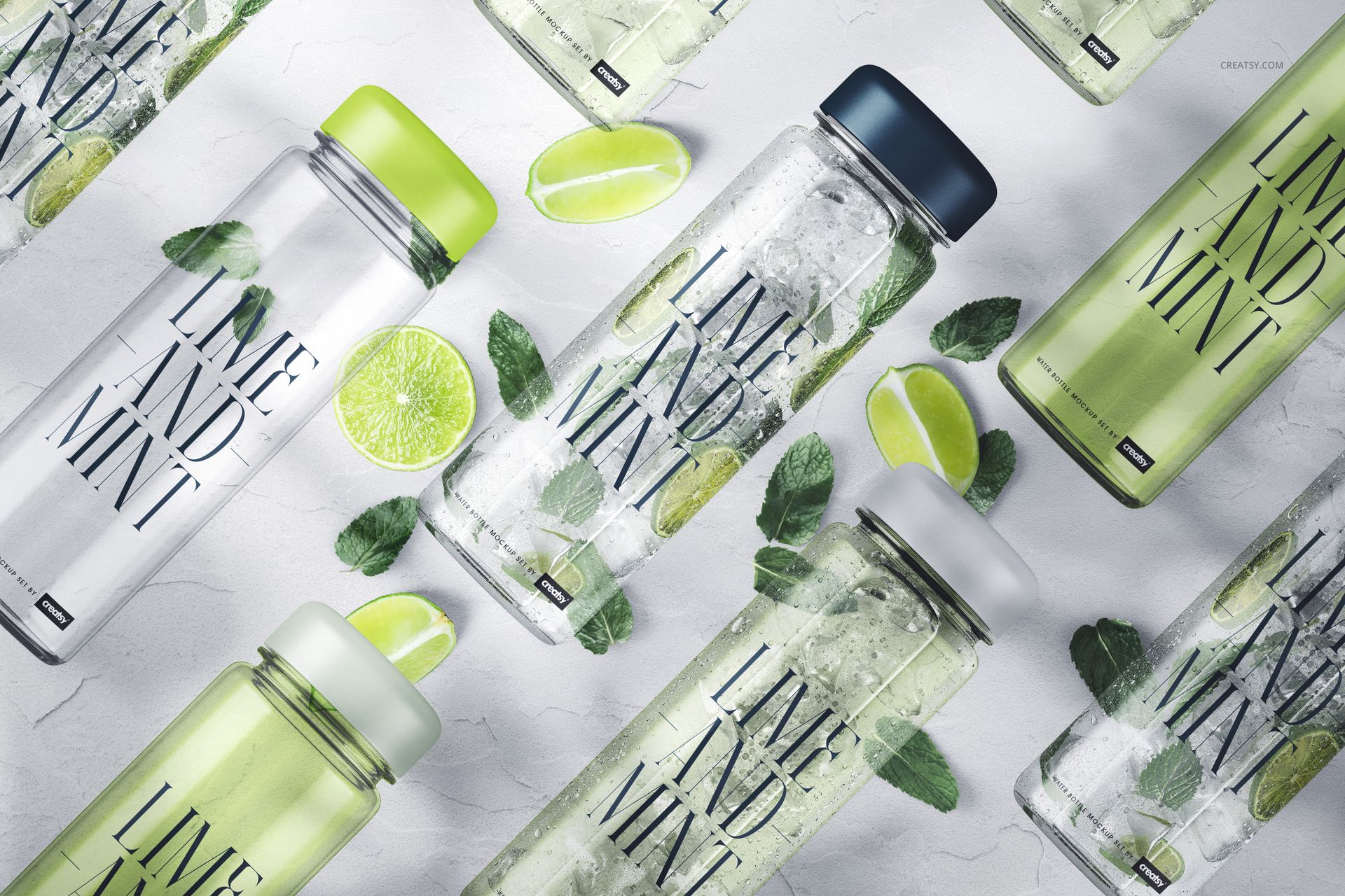 PSD mockup of transparent water bottles with assorted lid colors, surrounded by fresh lime slices and mint leaves.