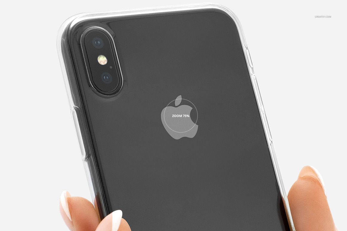 PSD mockup of a clear phone case on a black iPhone X, close-up of rear side with camera and minimal white backdrop.